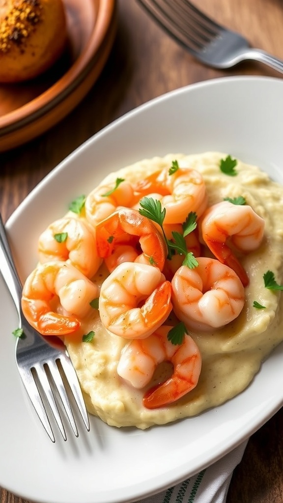 Shrimp on creamy cauliflower grits garnished with parsley on a rustic table.
